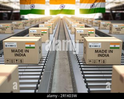 Fabriqué en Inde. Boîtes en carton avec texte fabriqué en Inde et drapeau indien sur le convoyeur à rouleaux. 3d illustration Banque D'Images