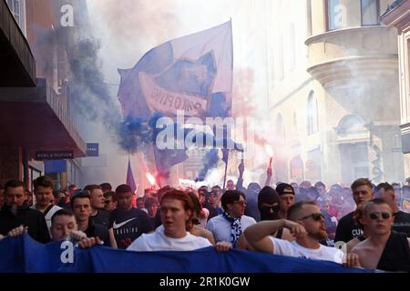 Linköping, Suède. 14th, mai 2023. Les fans de Norrköping avant le match de football de dimanche dans l'OBOS Damaltsvenskan entre Linköping FC-IFK Norrköping au stade Bilbörsen, Linköping, Suède. Crédit : Jeppe Gustafsson/Alay Live News Banque D'Images