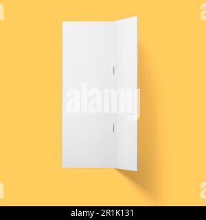 Vue de dessus brochure blanche vierge verticale à l'envers ouverte isolée sur fond marron clair. Banque D'Images