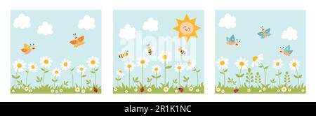 Ensemble de paysage de la nature avec des abeilles, papillons, coccinelles, herbe, fleurs, soleil et nuages. Joli dessin animé fond puéril. Illustration vectorielle. Illustration de Vecteur