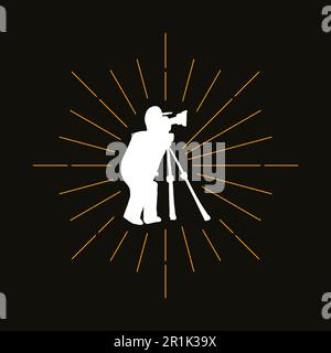 Silhouette rétro du photographe. Photojournaliste avec appareil photo sur trépied. Logo Professional photo Studio Illustration de Vecteur
