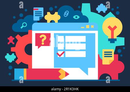 Fenêtre du navigateur avec bannière de questions sur les éléments de test. Engrenage et loupe, crayon et ampoule, détail du casse-tête et fichier de document sur l'image. Examin Illustration de Vecteur