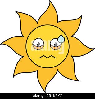 Illustration du contour de l'émoticône du soleil nerveux. Emoji confus et inquiet. Autocollant de dessin animé sur les réseaux sociaux Illustration de Vecteur