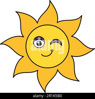 Illustration du contour de l'émotiji du soleil. Teasing, émoticône positif. Autocollant de dessin animé sur les réseaux sociaux Illustration de Vecteur