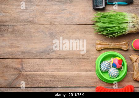 Composition de pose à plat avec jouets pour animaux et accessoires sur table en bois, espace pour le texte Banque D'Images