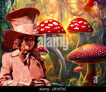 Le Mad Hatter d'Alice au pays des merveilles dans Magic Mushroom Fantasy Landscape. Banque D'Images