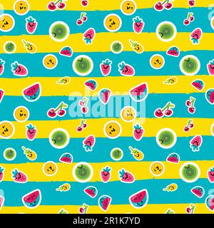 Motif vectoriel transparent couleur fruits. Doodle kiwi, orange, ananas emoji sur fond rayé Illustration de Vecteur