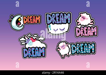 Ensemble d'illustrations à monture cousue et lettrage de rêve. Bon paquet d'autocollants de nuit. La ligne du tableau de bord glisse Illustration de Vecteur