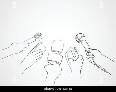 Illustration de l'art de la ligne des mains tenant des microphones et des enregistreurs, symbole du journalisme Illustration de Vecteur