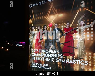 39th Championnats d'Europe en gymnastique rythmique 2023 chez les aînés, juniors, Bakou Azerbaïdjan. Affiche près de Gymnastic Arena. 17-21 mai Banque D'Images