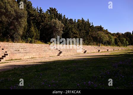 Un ancien stade grec en pierre représente le pentathlon des anciens athlètes. Le stade est entouré de rangées de hujas et de lauriers. Banque D'Images