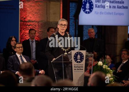Aix-la-Chapelle, Allemagne. 14th mai 2023. Le maire d'Aix-la-Chapelle, Sibylle Keupen, prononce un discours lors de la cérémonie de remise du Prix Charlemagne international d'Aix-la-Chapelle 2023 (Karlspreis), remis au Président et au peuple d'Ukraine à 14 mai 2023, à Aix-la-Chapelle, en Allemagne. Le président ukrainien Volodymyr Zelensky et le peuple de son pays reçoivent dimanche à Aix-la-Chapelle le Prix Charlemagne 14 mai international. Photo du Président ukrainien Bureau de presse/UPI crédit: UPI/Alay Live News Banque D'Images
