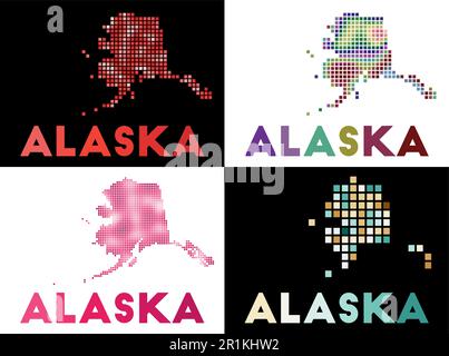 Carte Alaska. Collection de cartes de l'Alaska en style pointillé. Frontières de l'état américain remplies de rectangles pour votre conception. Illustration vectorielle. Illustration de Vecteur