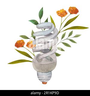 Illustration aquarelle d'une ampoule à économie d'énergie avec fleurs et feuilles. Clipart isolé sur fond blanc. ECO composition sur le thème de Banque D'Images