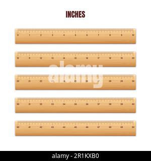 Différentes règles en bois réalistes avec échelle de mesure et divisions, marques de mesure. Règle scolaire, échelle en centimètres et en pouces pour la mesure de la longueur Illustration de Vecteur