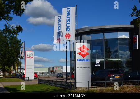 Veendam, pays-Bas - 21 septembre 2022 : salle d'exposition des voitures Toyota et Suzuki par beau temps Banque D'Images
