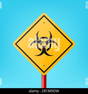 Cadre de signalisation routière jaune vectoriel avec danger biologique, panneau de rayonnement, icône, icône de symbole d'avertissement nucléaire gros plan sur fond bleu. Conception de plaque de pointeur de route Illustration de Vecteur