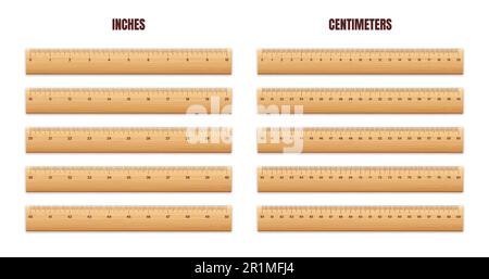 Différentes règles en bois réalistes avec échelle de mesure et divisions, marques de mesure. Règle scolaire, échelle en centimètres et en pouces pour la mesure de la longueur Illustration de Vecteur