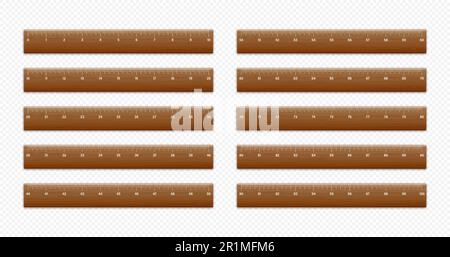 Différentes règles en bois réalistes avec échelle de mesure et divisions, marques de mesure. Règle scolaire, échelle en centimètres et en pouces pour la mesure de la longueur Illustration de Vecteur