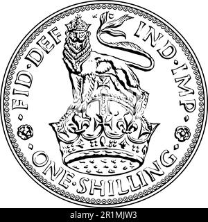 Monnaie britannique une pièce de monnaie se renversant avec un lion héraldique et une couronne, noir et blanc Illustration de Vecteur