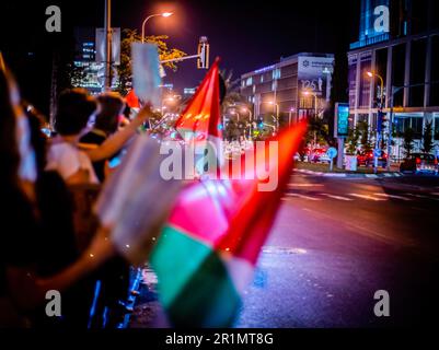 Tel Aviv, Israël. 10th mai 2023. Les manifestants israéliens brandisquent des drapeaux palestiniens lors d'une manifestation contre la guerre. Israël et le Jihad islamique ont accepté un cessez-le-feu samedi, après des jours de violence qui ont coûté la vie à au moins 34 Palestiniens et un israélien. Crédit : SOPA Images Limited/Alamy Live News Banque D'Images