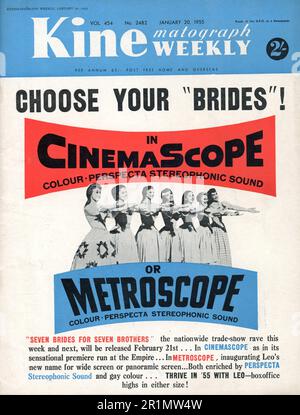 British Trade ad à partir de janvier 1955 pour JANE POWELL et HOWARD KEEL en SEPT ÉPOUSES POUR SEPT FRÈRES 1954 réalisateur STANLEY DONEN producteur Jack Cummings Metro Goldwyn Mayer disponible en FORMATS CINÉMASCOPE et METROSCOPE avec SON STÉRÉOPHONIQUE PERSPECTA Banque D'Images