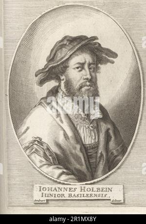 Hans Holbein le plus jeune, peintre allemand suisse et graveur de la Renaissance septentrionale de Bâle, vers 1497-1543. Johannes Holbein Junior Basileensis. Gravure sur plaque de coperplate de Richard Collin après une illustration de Joachim von Sandrat de son Académie Todesca, della Architectura, Scucultura & Pittura, oder Teutsche Academie, der Edlen Bau- Bild- und Mahlerey-Kunste, Académie allemande d’architecture, de sculpture et de peinture, Jacob von Sandrart, Nuremberg, 1675. Banque D'Images