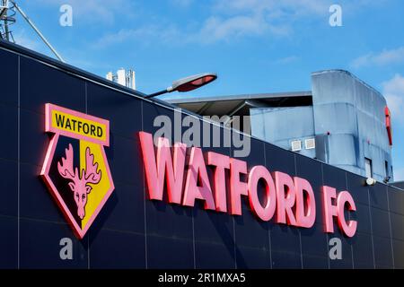 Stade de football de Watford, Vicarage Road, Watford, Herts, Angleterre, Royaume-Uni Banque D'Images