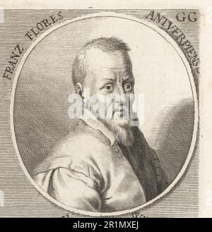 Frans Floris, peintre flamand, dessinateur, imprimeur, dessinateur de tapisserie, a ouvert un atelier à Anvers, vers 1515-1570. Franz Flores Antverpiensis. Gravure sur plaque après une illustration de Joachim von Sandrat de son Academia Todesca, della Architectura, Scucultura & Pittura, oder Teutsche Academie, der Edlen Bau- Bild- und Mahlerey-Kunste, Académie allemande d’architecture, de sculpture et de peinture, Jacob von Sandrart, Nuremberg, 1675. Banque D'Images