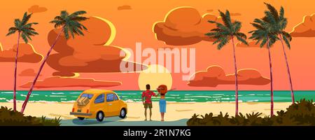 Coucher de soleil sur l'océan sur la plage de sable, couple amoureux, palmiers, voiture, bord de mer, horizon Illustration de Vecteur