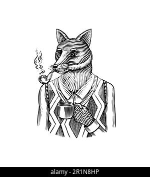 Renard en costume. Homme de mode dans un gilet avec un tuyau de fumée et une tasse de café. Animal dans des vêtements rétro. Style de gravure vintage. Dessiné à la main Illustration de Vecteur