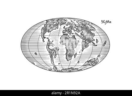 Plaque tectonique sur la planète Terre. Pangée. Dérive continentale. Supercontinent à 50 Ma. Époque des dinosaures. Période jurassique. Mésozoïque. Dessiné à la main Illustration de Vecteur