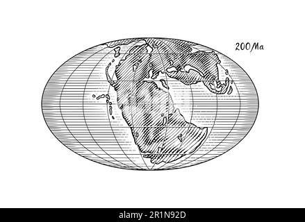 Plaque tectonique sur la planète Terre. Pangée. Dérive continentale. Supercontinent à 200 Ma. Époque des dinosaures. Période jurassique. Mésozoïque. Dessiné à la main Illustration de Vecteur