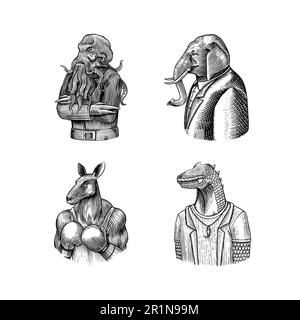 Poulpe, dinosaure t-rex, éléphant gentleman, boxeur kangourou. Gentleman Fashion animal personnage en costume. Esquisse dessinée à la main. Illustration de Vecteur