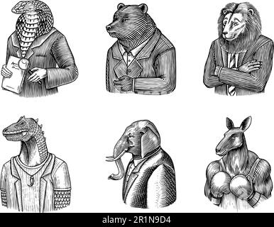 Ours grizzli, dinosaure t-rex, homme d'affaires Lion, gentleman éléphant, serpent Cobra indien. Gentleman Fashion animal personnage en costume. Dessiné à la main Illustration de Vecteur