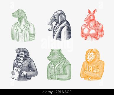 Ours grizzli, dinosaure t-rex, homme d'affaires Lion, gentleman éléphant, serpent Cobra indien. Gentleman Fashion animal personnage en costume. Dessiné à la main Illustration de Vecteur