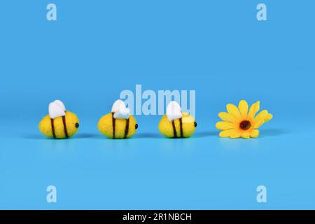 Les abeilles en feutre dans une rangée rampant vers la fleur jaune sur fond bleu avec l'espace de copie Banque D'Images