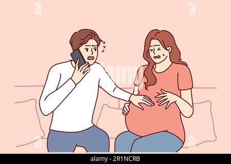 Femme enceinte à côté d'un mari inquiet appelant un médecin ou 911 pour signaler la naissance ou le mariage de la femme. L'homme effrayé utilise le téléphone pour informer le médecin prénatal des douleurs à l'estomac de la mariée enceinte. Illustration de Vecteur