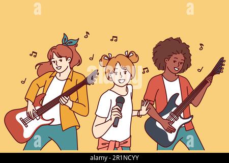 Groupe musical de jeunes filles avec guitares et microphone se présentant au concert amateur de la culture rock. Diverses filles se produisent à l'événement musical de divertissement avec le désir de devenir des chanteurs populaires Illustration de Vecteur