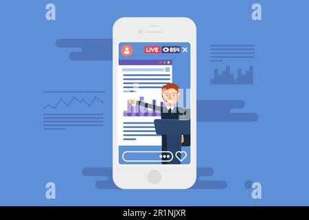 Illustration du concept de diffusion en direct de la présentation commerciale. Homme d'affaires vlogger caractère semi-plat. Diffusion en ligne sur l'écran du smartphone. Isoler le vecteur Illustration de Vecteur