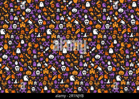 Motif Halloween sans couture avec citrouilles, chapeaux de sorcière, crânes, chauves-souris, os et fantômes. Joli fond de dessin animé pour l'automne concept de vacances. Vecteur illus Illustration de Vecteur