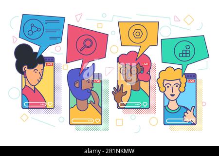 Illustration du vecteur de concept de flux en direct Vloggers. Idée de communication numérique. Personnages enregistrant une diffusion en ligne sur un smartphone. Médias sociaux dans rea Illustration de Vecteur