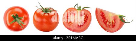 Tomate rouge juteuse fraîche isolée sur fond blanc. Légumes frais. Entier, moitié, tranche, pièce, quart, section, segment. Le fichier contient la pat de découpe Banque D'Images