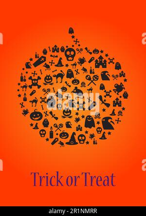 Trick or Treat Halloween modèle pour la carte ou le design d'affiche. Bannière créative avec forme de citrouille et symboles halloween en forme de doodle. Carte de vœux ou invité Illustration de Vecteur