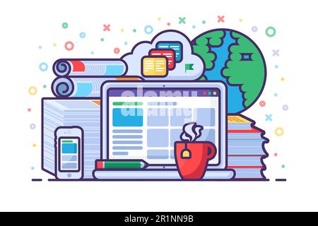 Concept d'enseignement en ligne avec ordinateur portable, gadgets, livres et technologie de Cloud Computing pour l'apprentissage en ligne, les formations en ligne et les cours. Numérique et distance Illustration de Vecteur