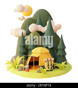 Tente de camping Vector dans la forêt. Camping, pins et montagnes avec nuages. Cuisinière à gaz ou cuisinière, tente, sac à dos. Cuisine touristique Illustration de Vecteur