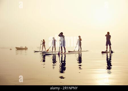Un groupe de paddle-boardeurs de stand-up sur un matin brumeux au lever du soleil Banque D'Images