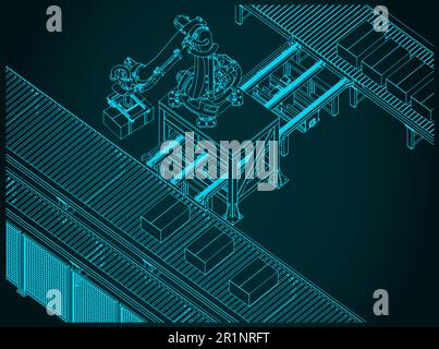 Illustration vectorielle stylisée d'une ligne de convoyeur d'usine robotique Illustration de Vecteur