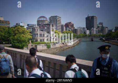 Hiroshima, Japon. 15th mai 2023. Le Mémorial de la paix d'Hiroshima (dôme de Genbaku) est le lieu central du Sommet de Hiroshima en G7. Le Sommet de G7 se tiendra au Japon à partir de 19-21 mai. Le 'Groupe des sept' (G7) est une alliance informelle des nations industrialisées les plus importantes. Les membres sont l'Allemagne, la France, la Grande-Bretagne, l'Italie, le Japon, Canada et États-Unis. Credit: Michael Kappeller/dpa/Alay Live News Banque D'Images