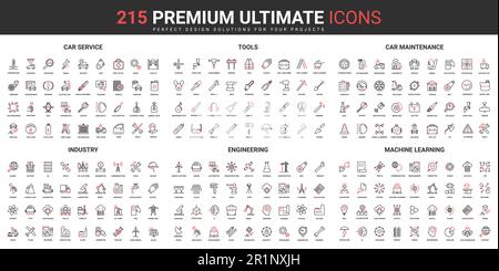 Les icônes noires rouges de l'industrie définissent l'illustration vectorielle. Symboles abstraits d'outils et d'équipements pour l'ingénierie et le service d'entretien de voiture, apprentissage de machine conception simple pour les applications mobiles et Web Illustration de Vecteur